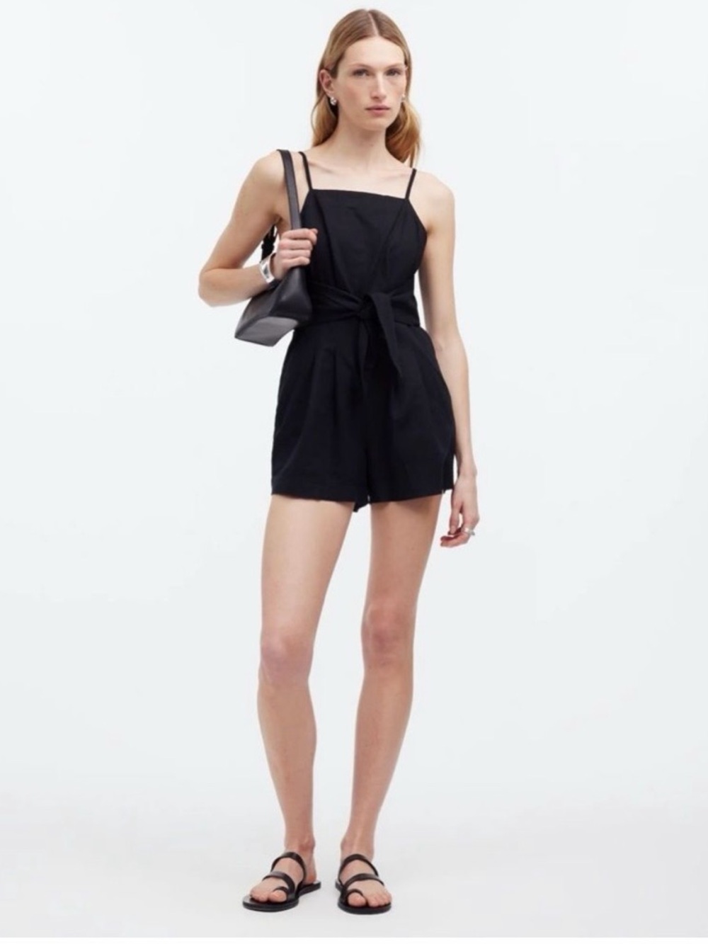 Madewell Tie Waist Linen Blend Romper Black Size 6